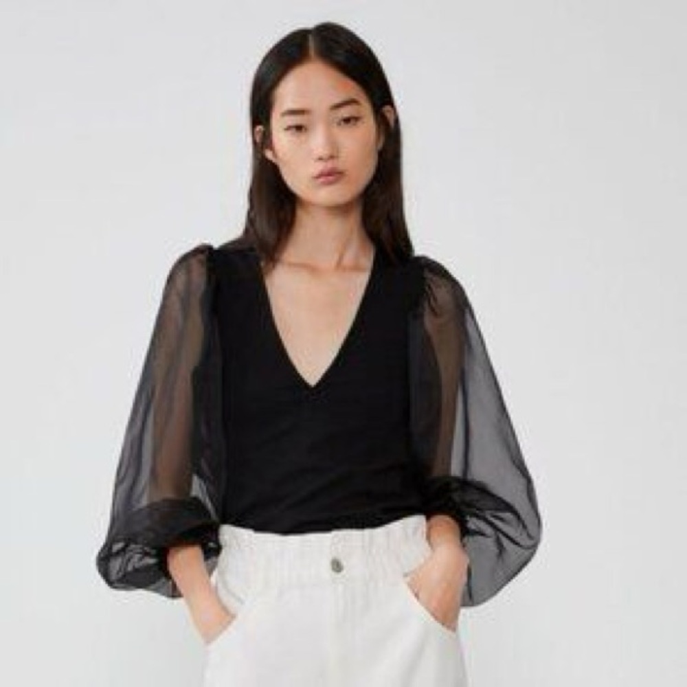 Zara Elegant Black Sheer Sleeve Top Sz L